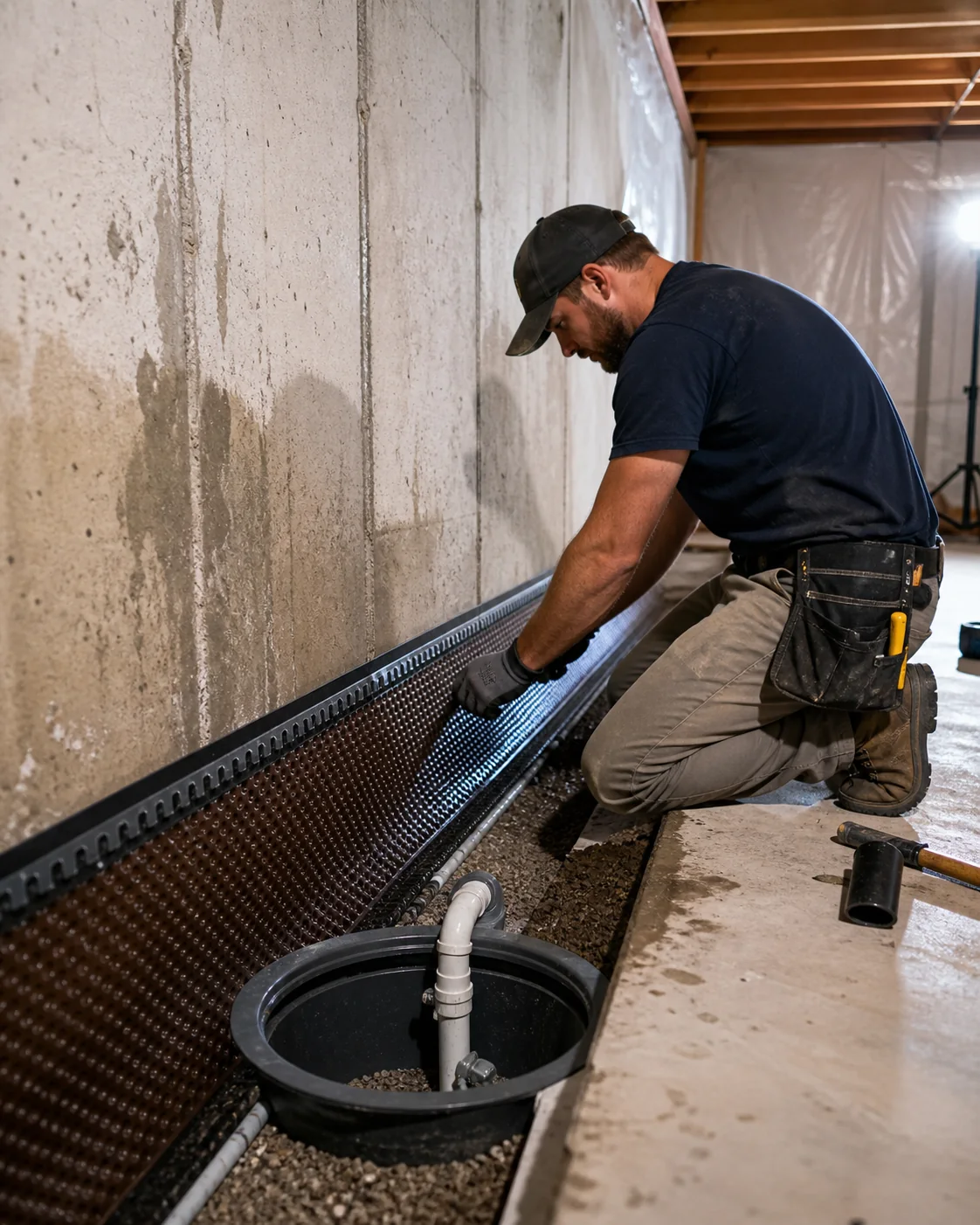Contractor tools and inspection light for home waterproofing work